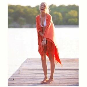 Mer Sea Classic Travel Wrap Textured Fringe Ruana Poncho Orange